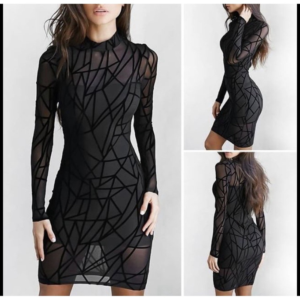 Black Spiderweb Sheer Bodycon Mini Dress Velvet Mesh Burnout Dark Romantic Small
